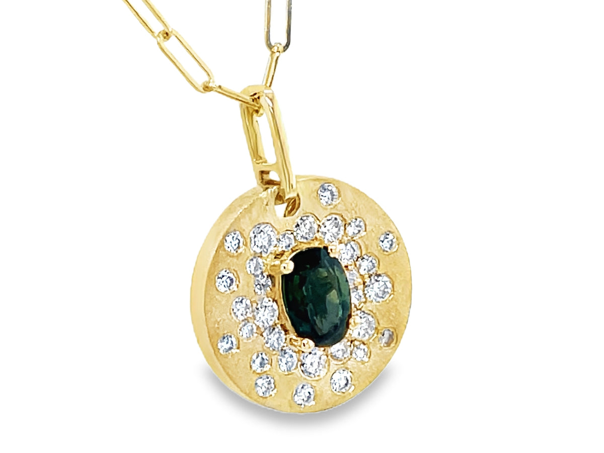 GREEN SAPPHIRE & DIAMOND FLUSH DISC PENDANT, 18" PAPERCLIP CHAIN, SATIN FINISH