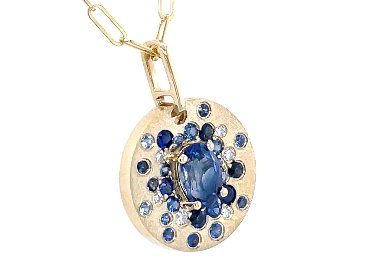 BLUE SAPPHIRE OVAL, SAPPHIRE MIX & DIAMOND FLUSH DISC PENDANT, 14MM, 18" PAPER CLIP CHAIN, SATIN FINISH