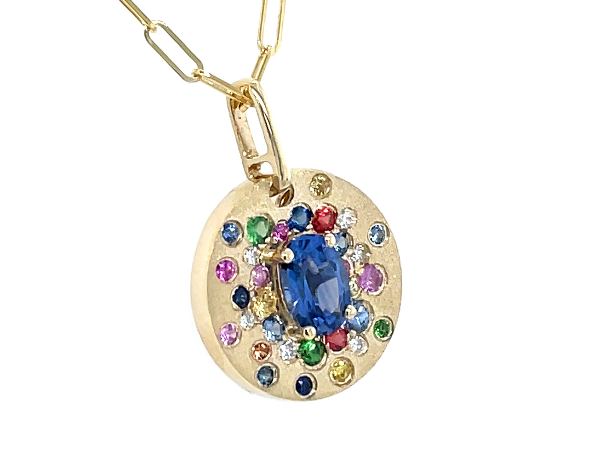 BLUE SAPPHIRE OVAL, RAINBOW SAPPHIRE, RUBY, TSAVORITE & DIAMOND FLUSH DISC PENDANT, 14MM, 18" PAPER CLIP CHAIN, SATIN FINISH