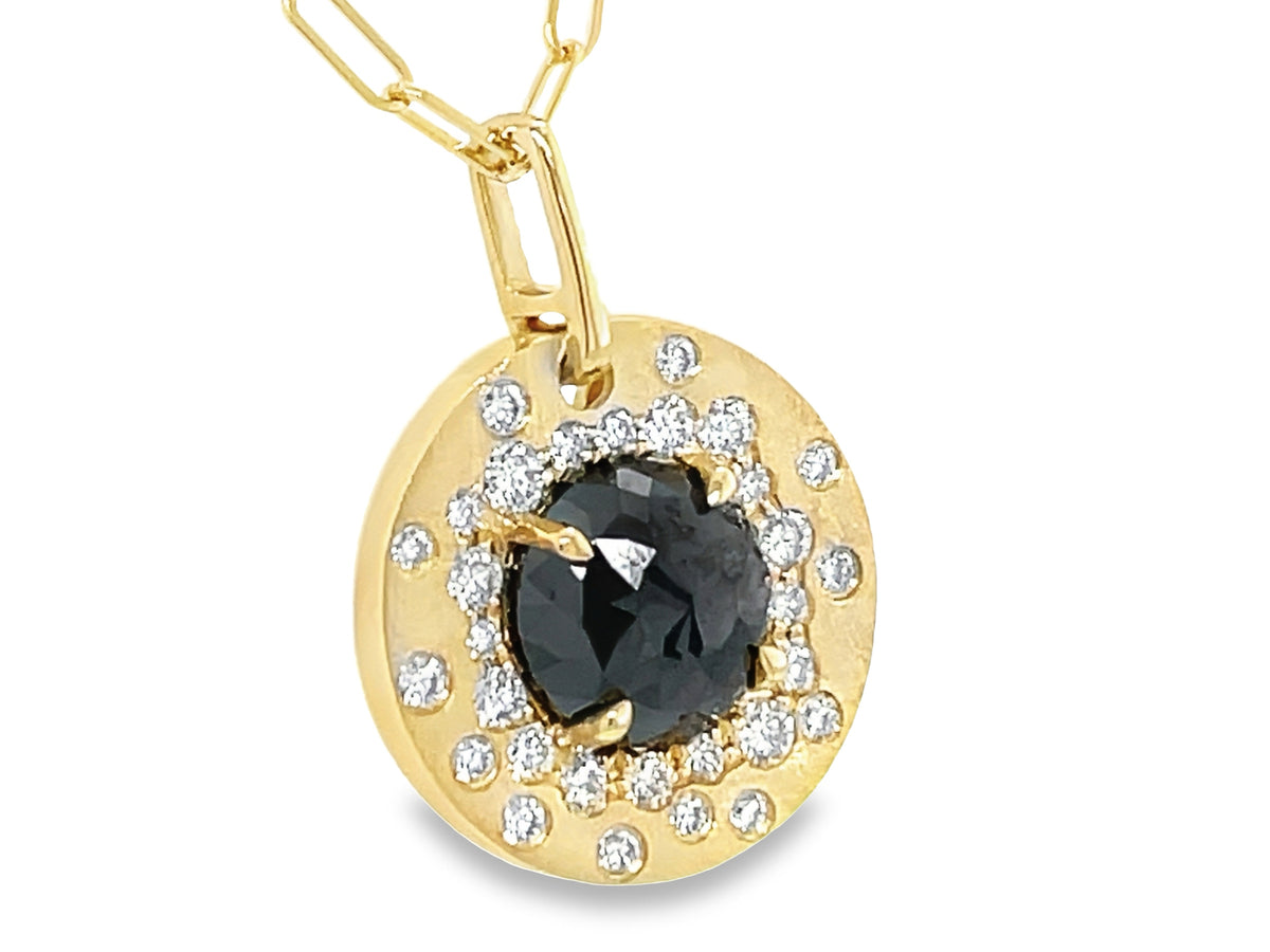 BLACK DIAMOND ROUND & WHITE DIAMOND CONFETTI DISC PENDANT,14.5MM, 18" PAPERCLIP CHAIN, SATIN FINISH