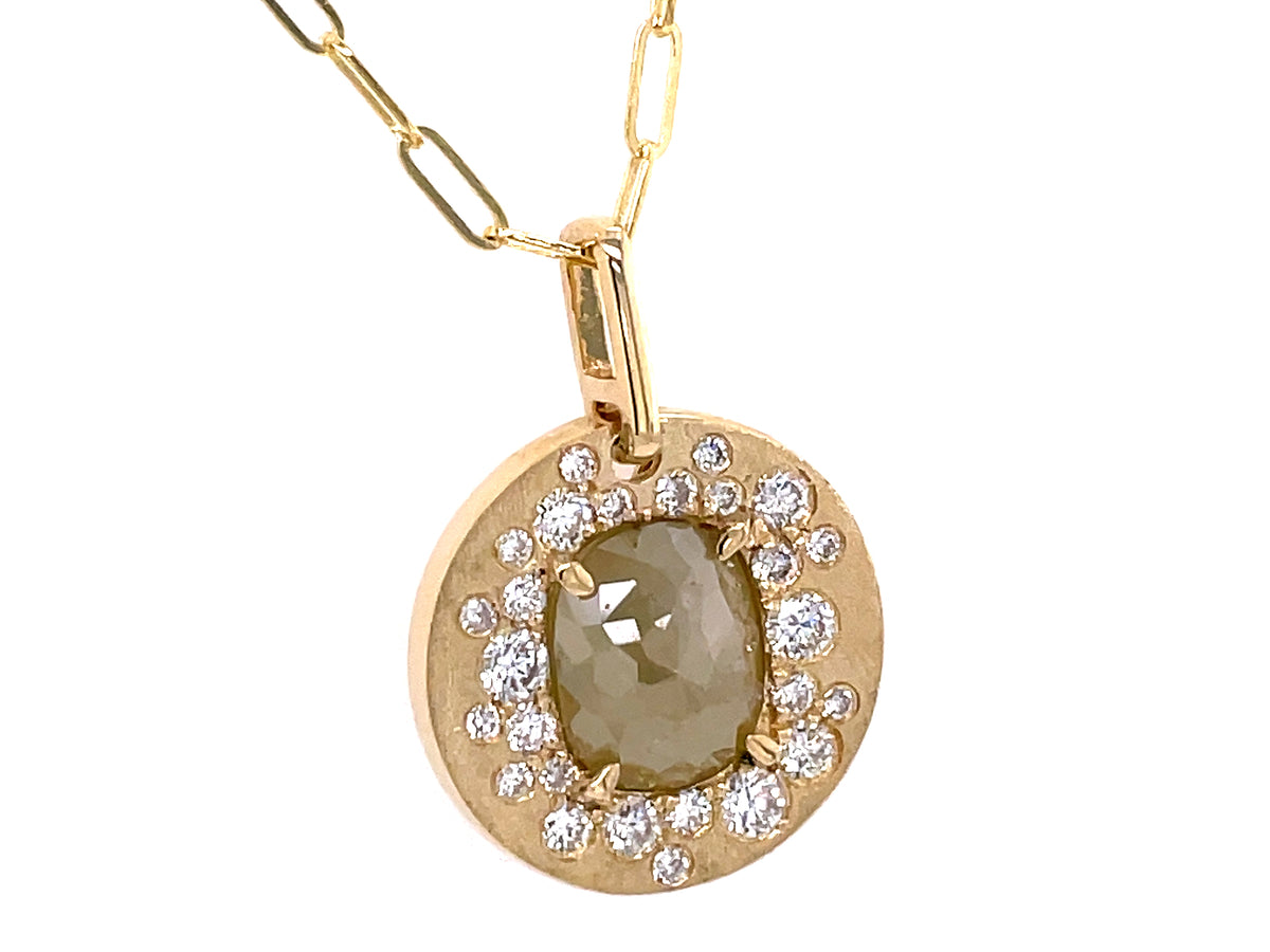 FANCY COLOR DIAMOND CENTER FLUSH SET DISC PENDANT, SATIN FINISH, 18" PAPERCLIP CHAIN