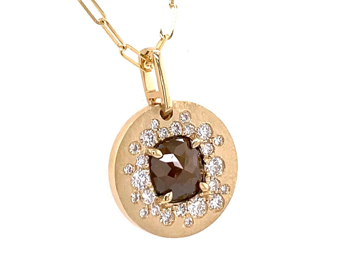 FANCY COLOR DIAMOND CENTER FLUSH SET DISC PENDANT, SATIN FINISH, 18" PAPERCLIP CHAIN