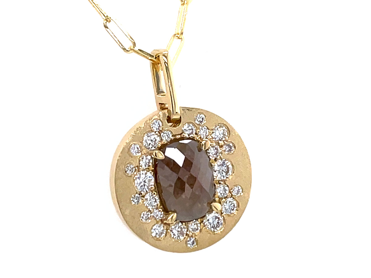 FANCY COLOR DIAMOND CENTER FLUSH SET DISC PENDANT, SATIN FINISH, 18" PAPERCLIP CHAIN