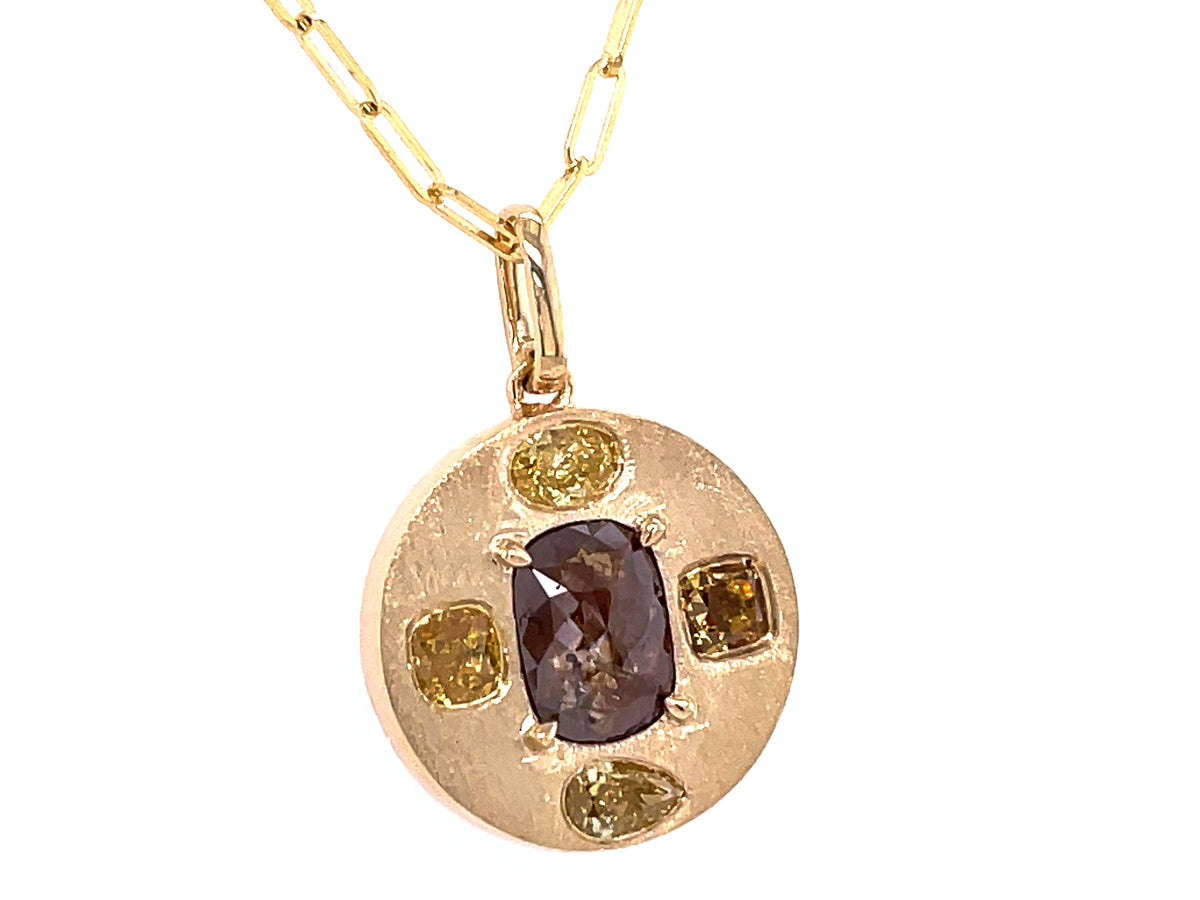 FANCY COLOR DIAMOND 5 STONE DISC PENDANT, SATIN FINISH, 18" PAPERCLIP CHAIN