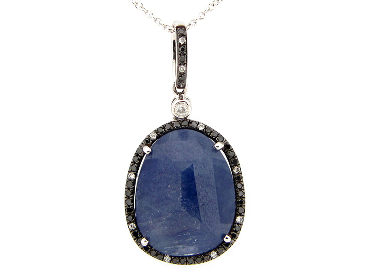 ROSE CUT SAPPHIRE, BLACK & WHITE DIAMOND PENDANT, 14KW (N/R)