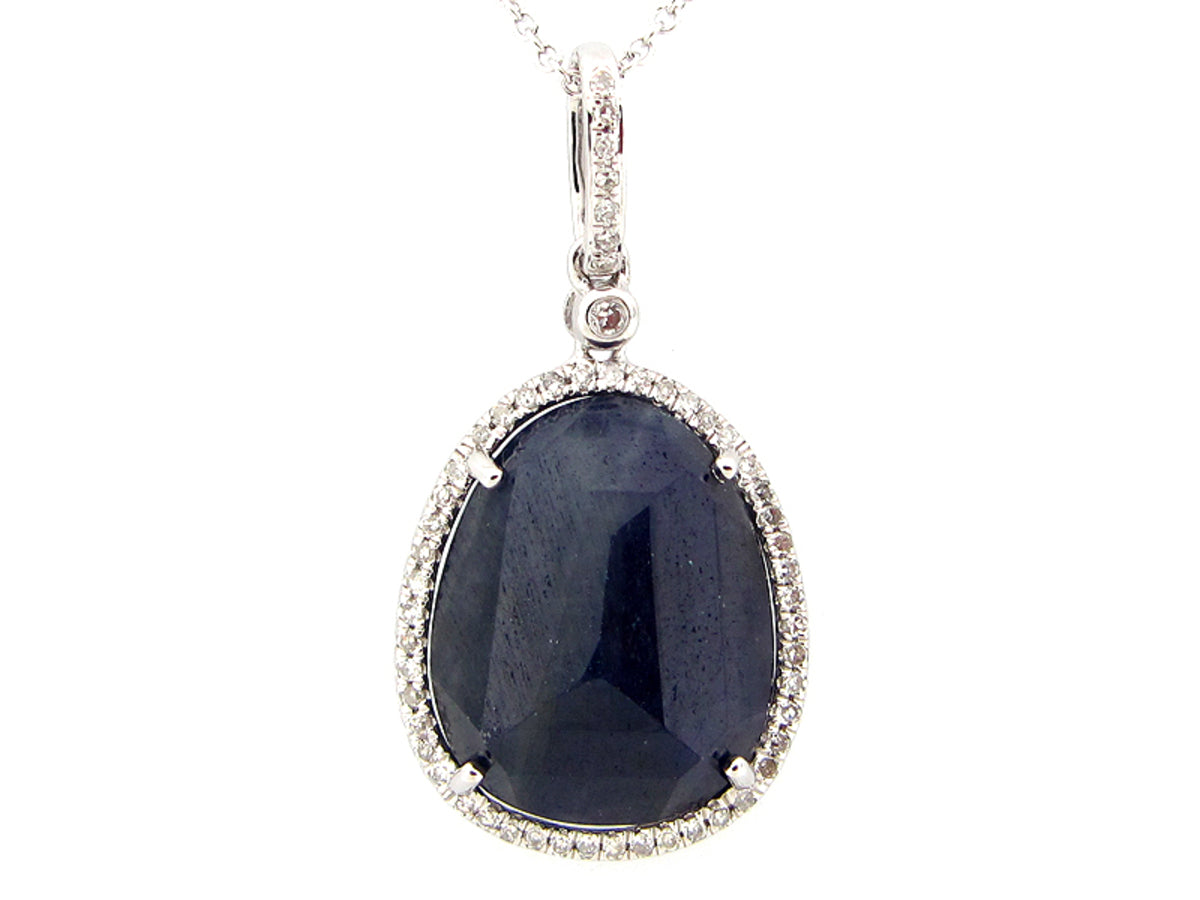ROSE CUT SAPPHIRE & WHITE DIAMOND PENDANT, 14KW (N/R)