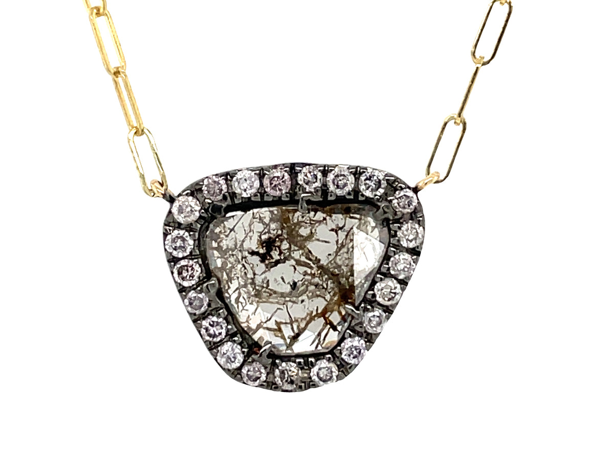 ROSE CUT SLICE BROWN DIAMOND PENDANT, PAPER CLIP CHAIN