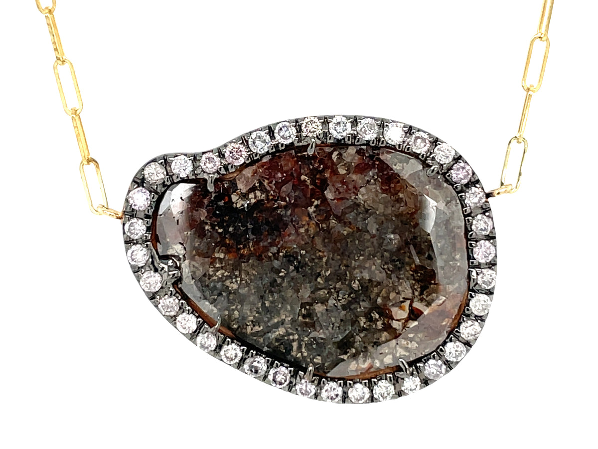 ROSE CUT SLICE BROWN DIAMOND PENDANT, PAPER CLIP CHAIN