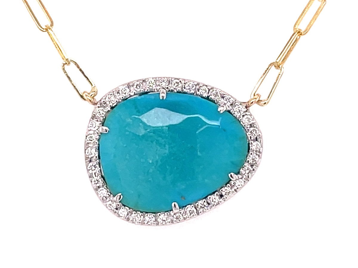 Turquoise Diamond Halo Pendant Necklace, 18" Paperclip Chain