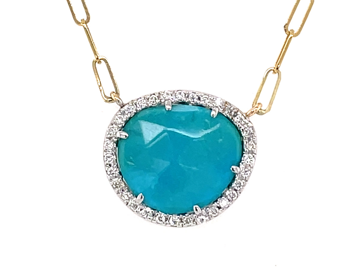 Turquoise Diamond Halo Pendant Necklace, 18" Paperclip Chain