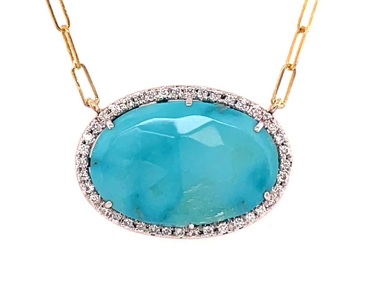 Turquoise Diamond Halo Pendant Necklace, 18" Paperclip Chain