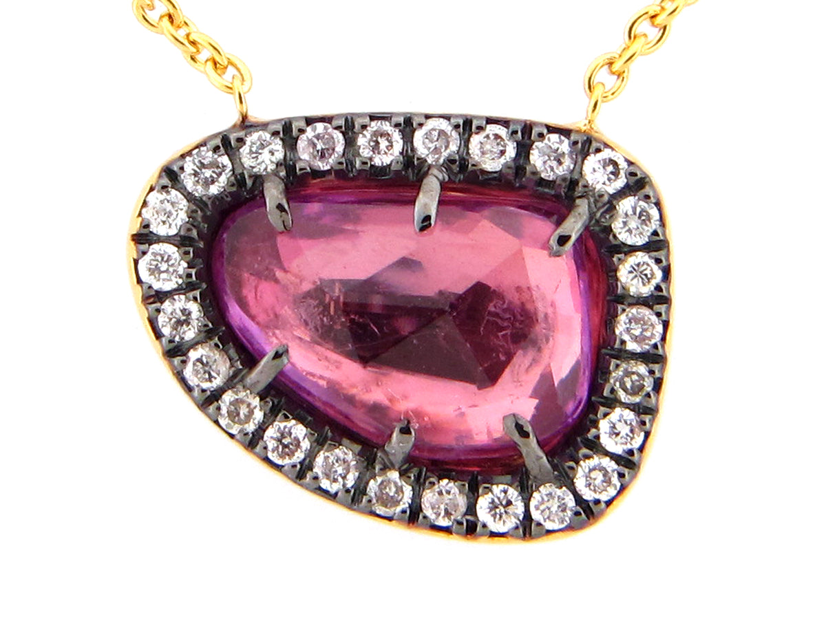 ROSE CUT PURPLE SAPPHIRE & DIAMOND PENDANT NECKLACE, 18"/17"/16", 18KY (H)