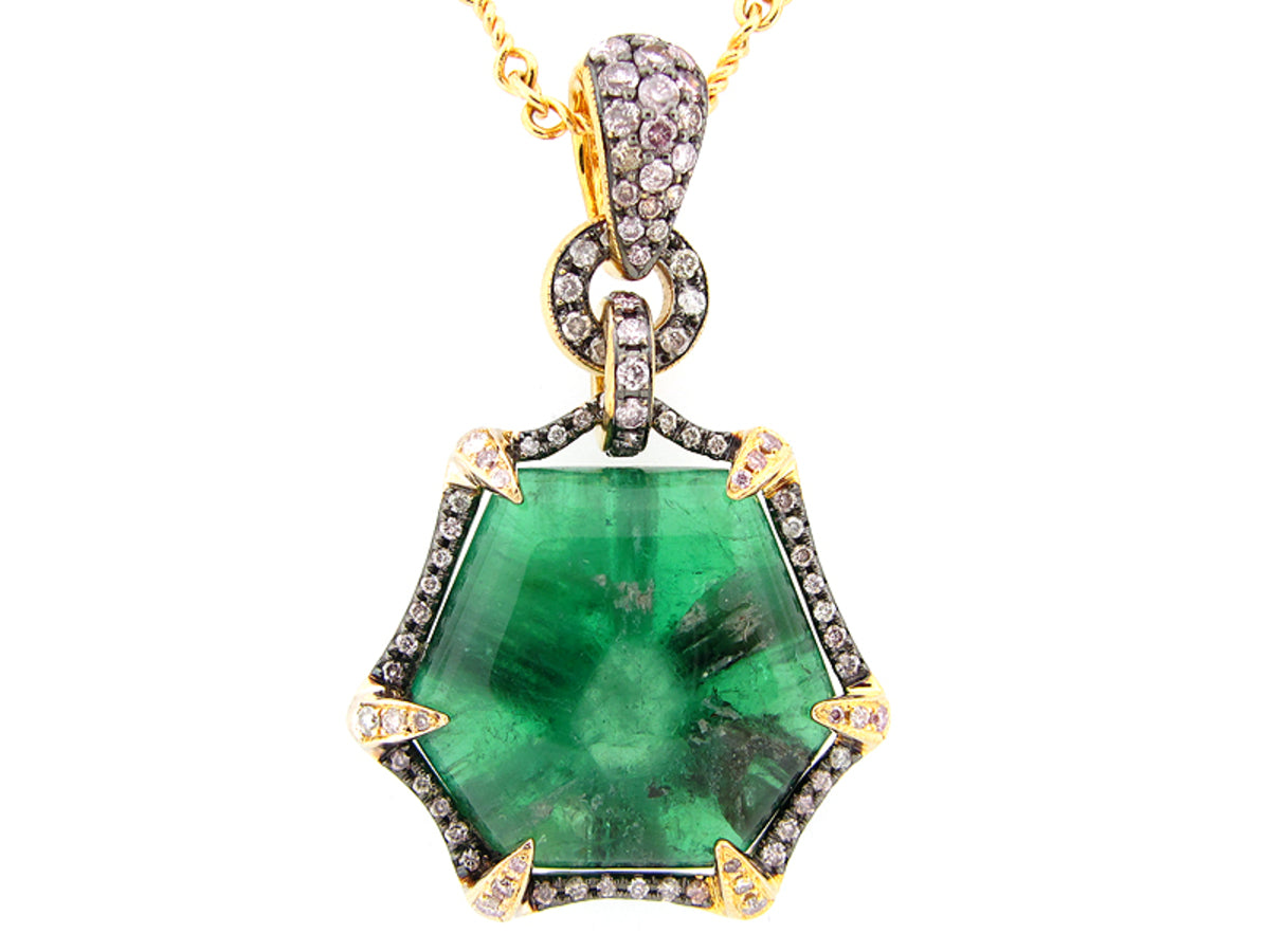 TRAPEECHEE EMERALD & DIAMOND PENDANT, 14KY (O)