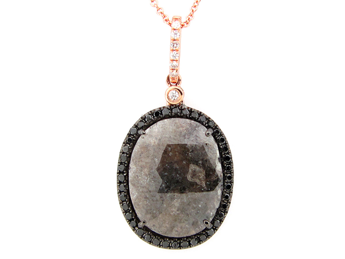 ROSE ROUGH CUT GRAY, BLACK, & WHITE DIAMOND PENDANT, 14KR (R/N)