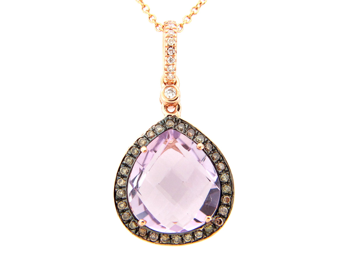 PINK AMETHYST, BROWN & WHITE DIAMOND RING, 14KR (H/N)