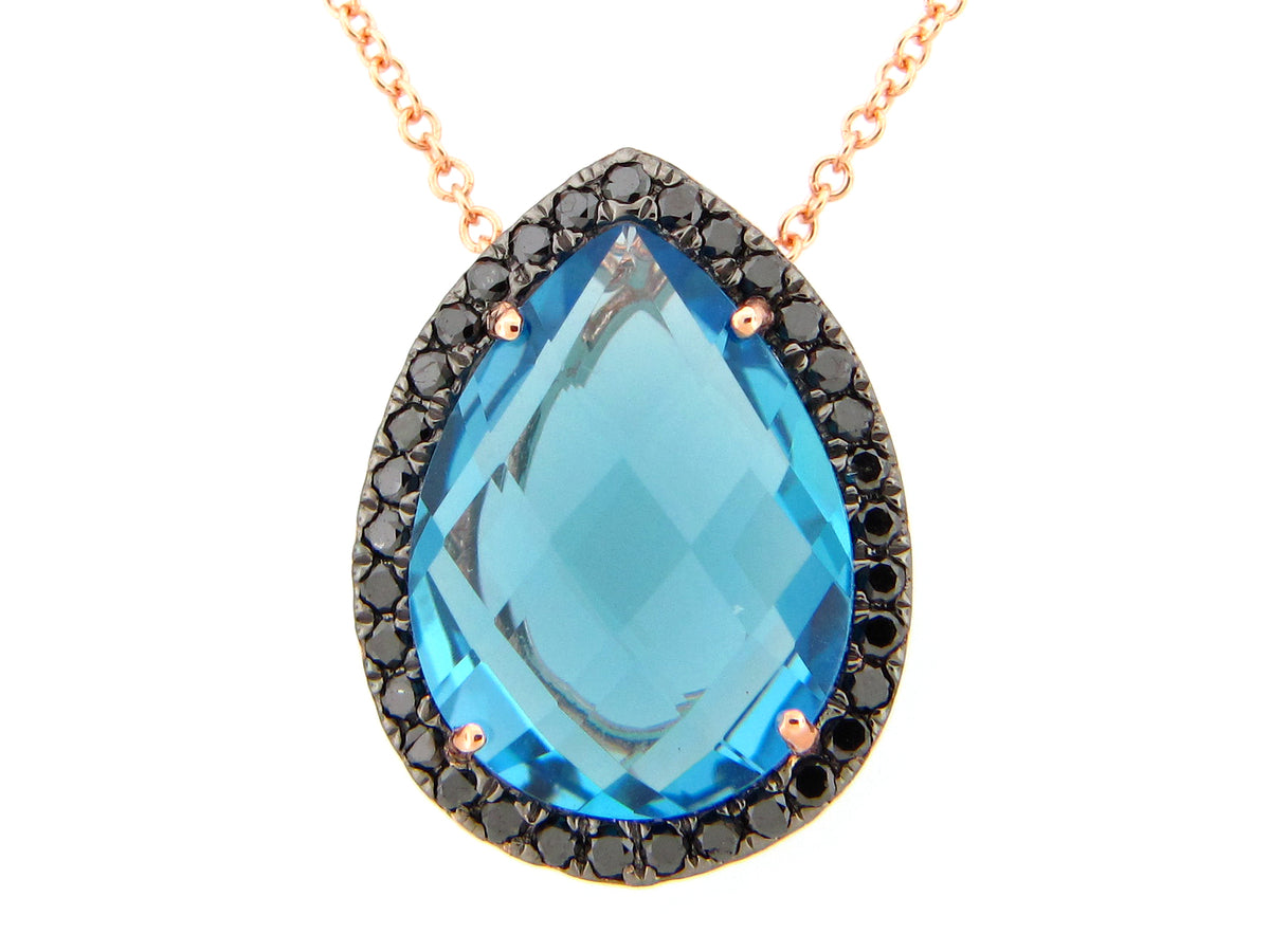 SWISS BLUE TOPAZ PEAR & BLACK DIAMOND HALO PENDANT, 14KR (R/H)