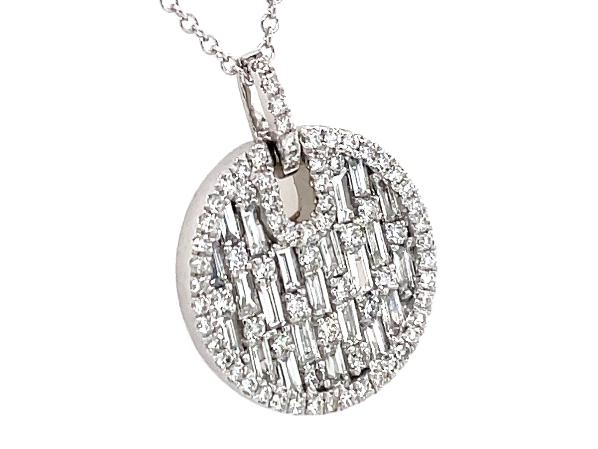 DIAMOND BAGUETTES & ROUNDS DISC PENDANT, 15MM, 18" BOLO CHAIN"