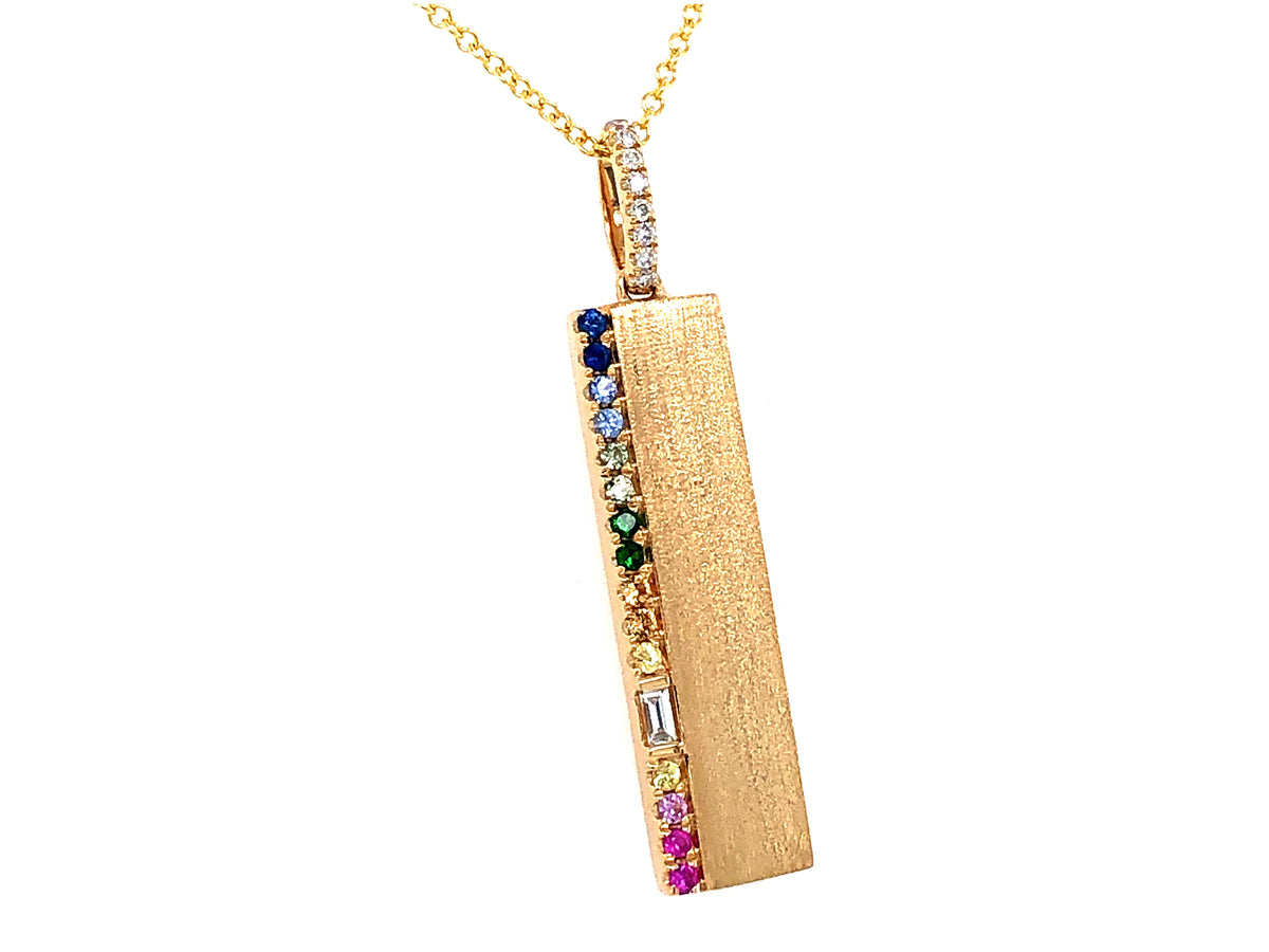 RAINBOW SAPPHIRE & DIAMOND BAR PENDANT, SATIN FINISH, 14KY (H/U/N)