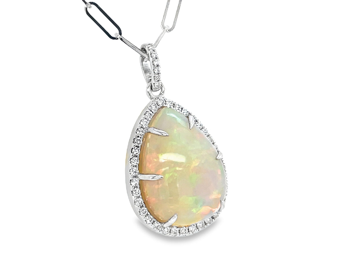 OPAL PEAR & DIAMOND HALO PENDANT, 18" PAPER CLIP "