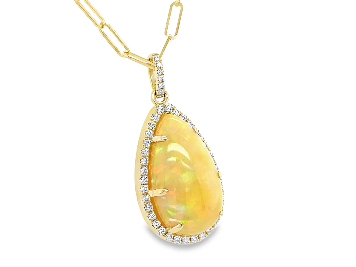 OPAL PEAR & DIAMOND HALO PENDANT, 18" PAPER CLIP "