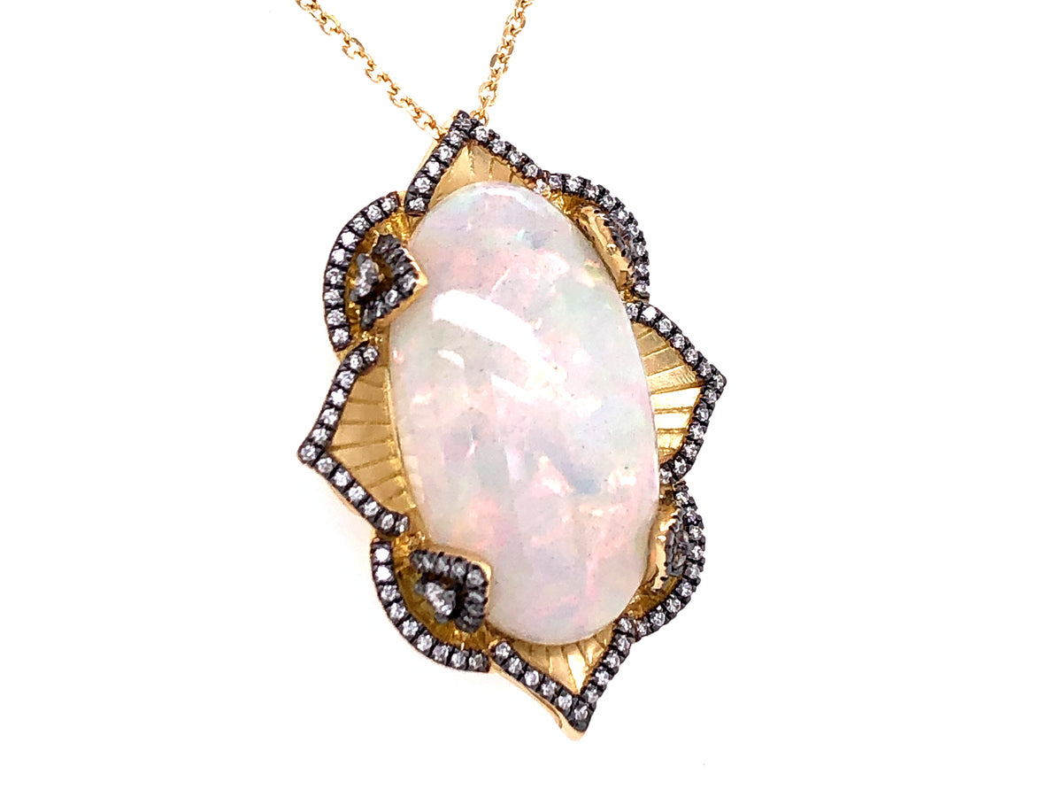 OPAL OVAL & DIAMOND ART DECO PENDANT, 18KY (O)
