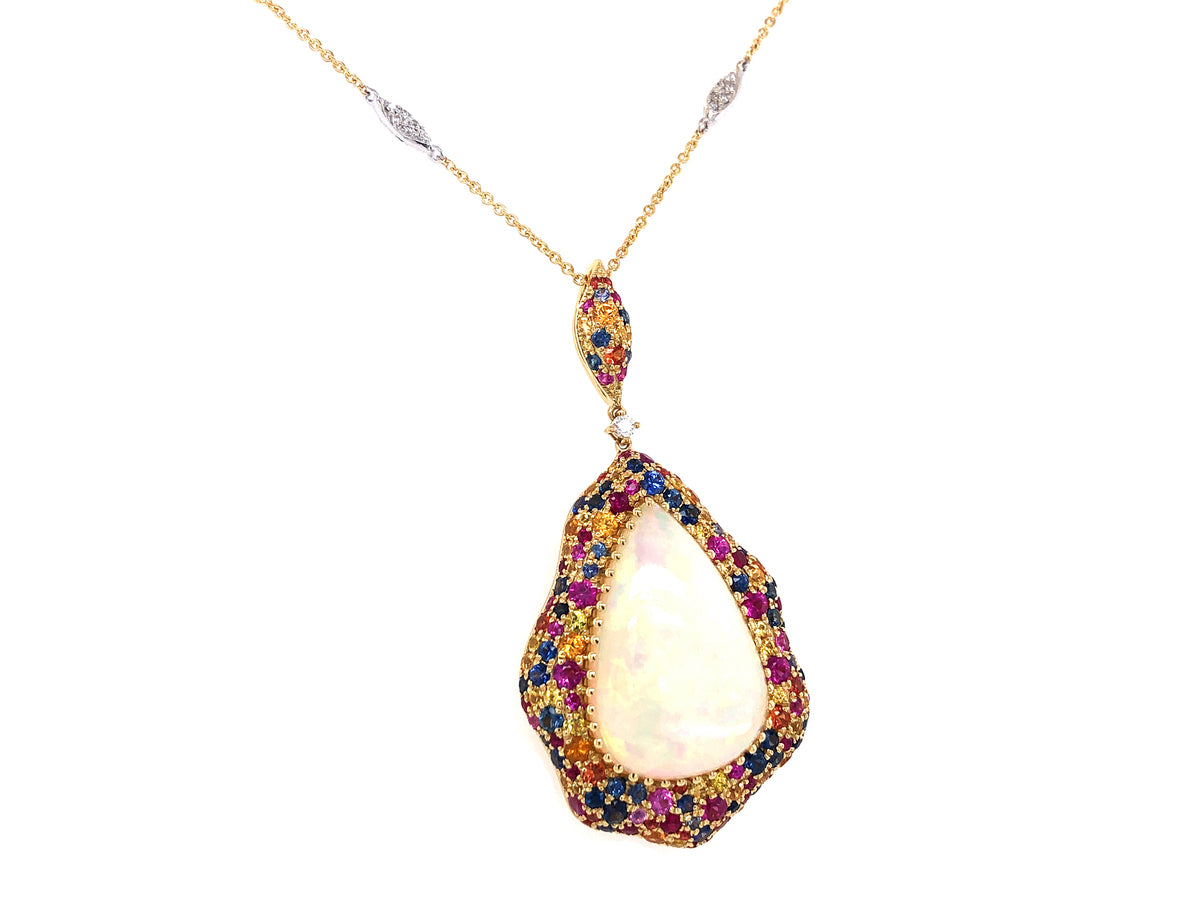 OPAL, SAPPHIRE AND DIAMOND PENDANT, 16" DIA STATION CHAIN, 18KY (O/H/U)