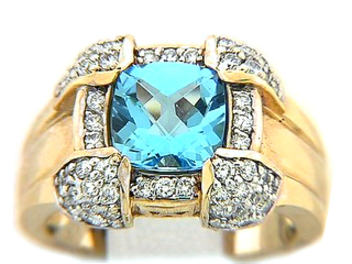 CHB SWISS BLUE TOPAZ & DIAMOND RING, 14KY (R), C=2.40