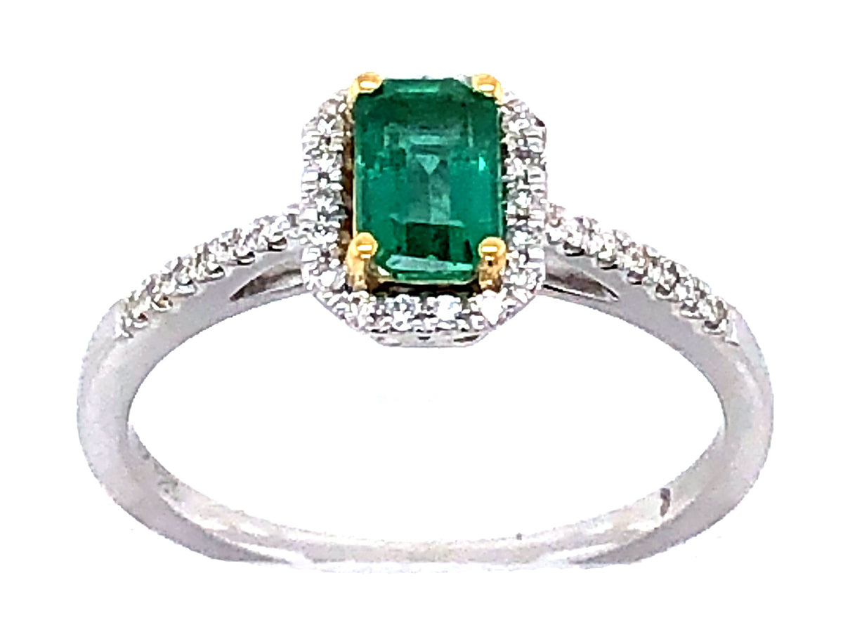 EMERALD CUT EMERALD & DIAMOND HALO RING, 14KWY (O)
