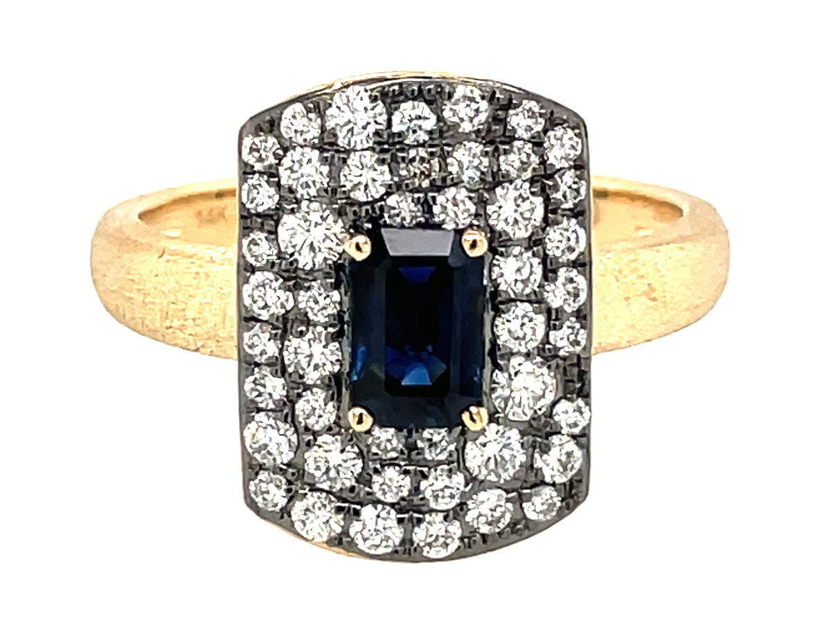 EMERALD CUT SAPPHIRE & DIAMOND RING, BLACK FINISH PRONGS, SATIN FINISH, 14KY (H)