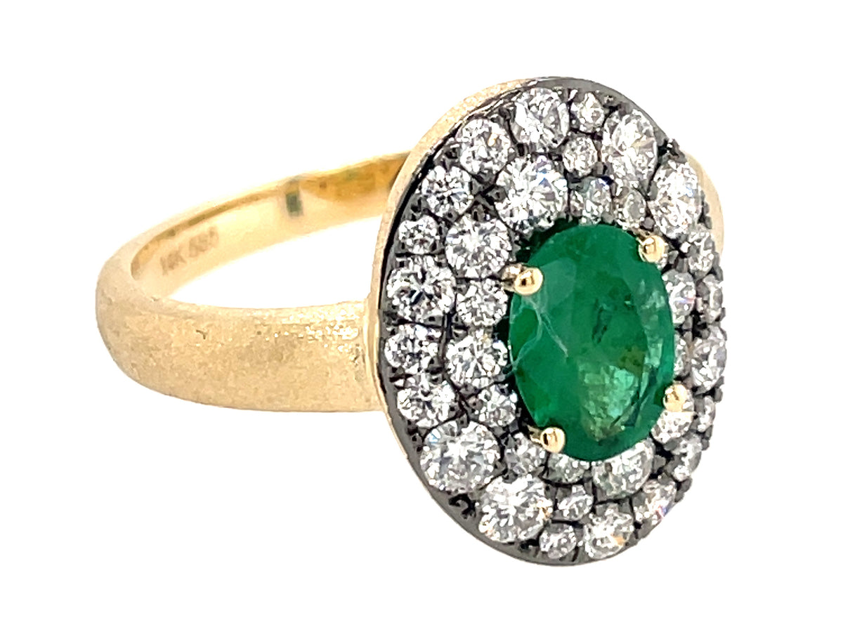 EMERALD OVAL & DIAMOND OVAL SHIELD RING, SATIN FINISH
