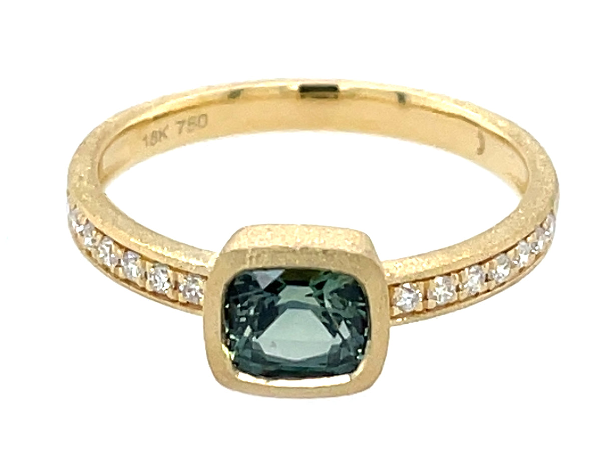 Natural No Heat Green Sapphire Cushion Bezel Diamond Ring, Satin Finish