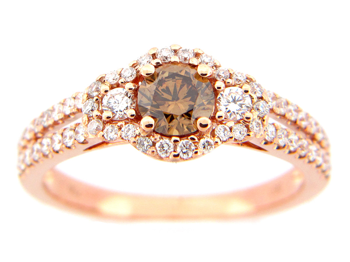 BROWN & WHITE DIAMOND RING, 18KR (N), CENTER=0.45