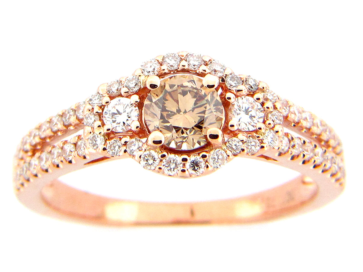 BROWN & WHITE DIAMOND RING, 18KR (N), CENTER=0.40