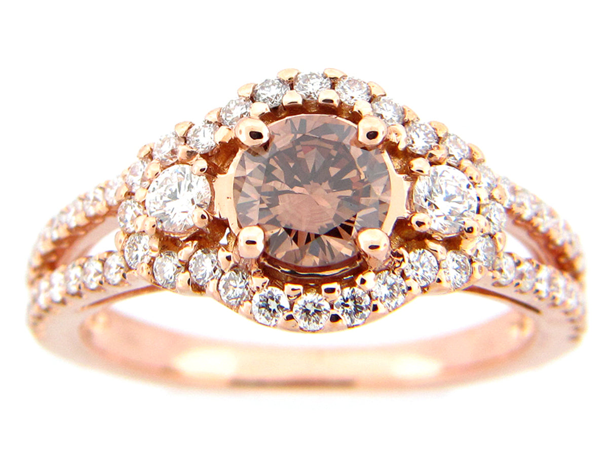 BROWN & WHITE DIAMOND RING, 18KR (N), CENTER=0.66