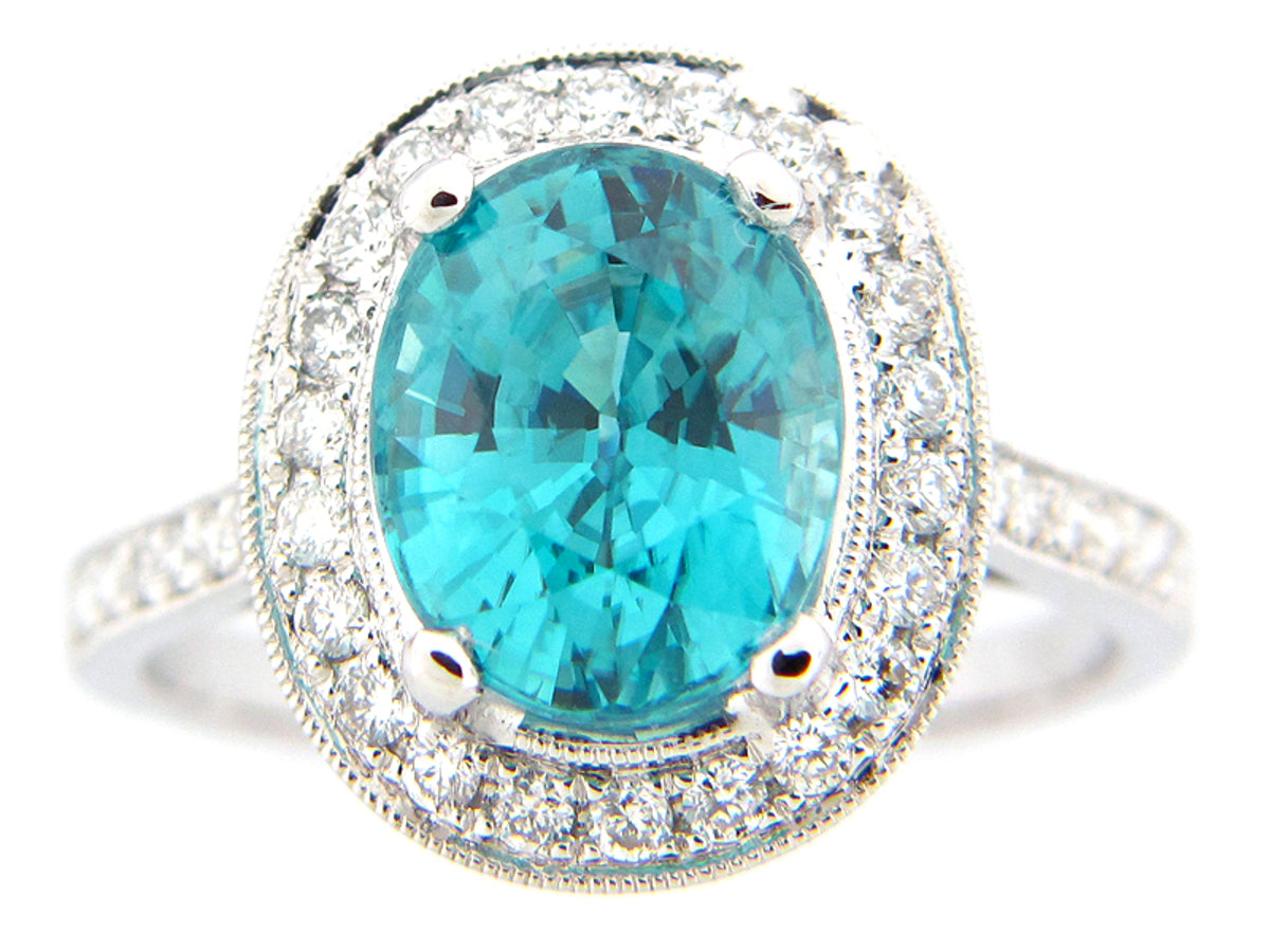 BLUE ZIRCON & DIAMOND RING, 18KW (E), CENTER=4.57