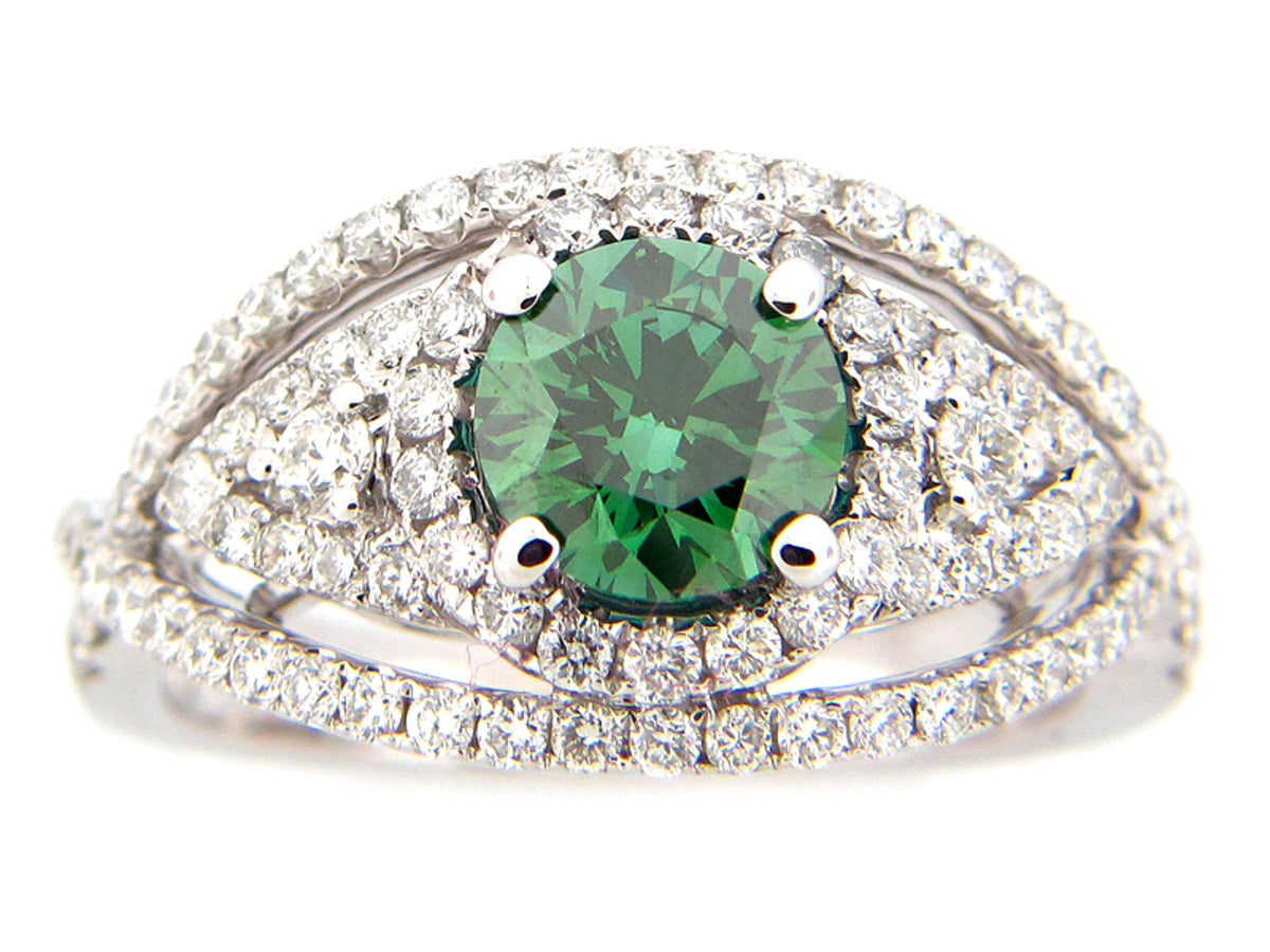 GREEN & WHITE DIAMOND RING, 18KW (R/N), CENTER=1.00