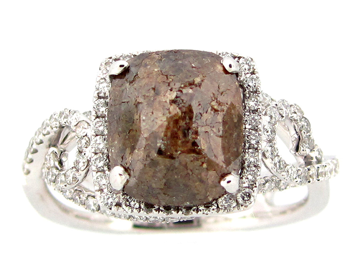 ROSE ROUGH CUT BROWN & WHITE DIAMOND RING, 18KW (N)