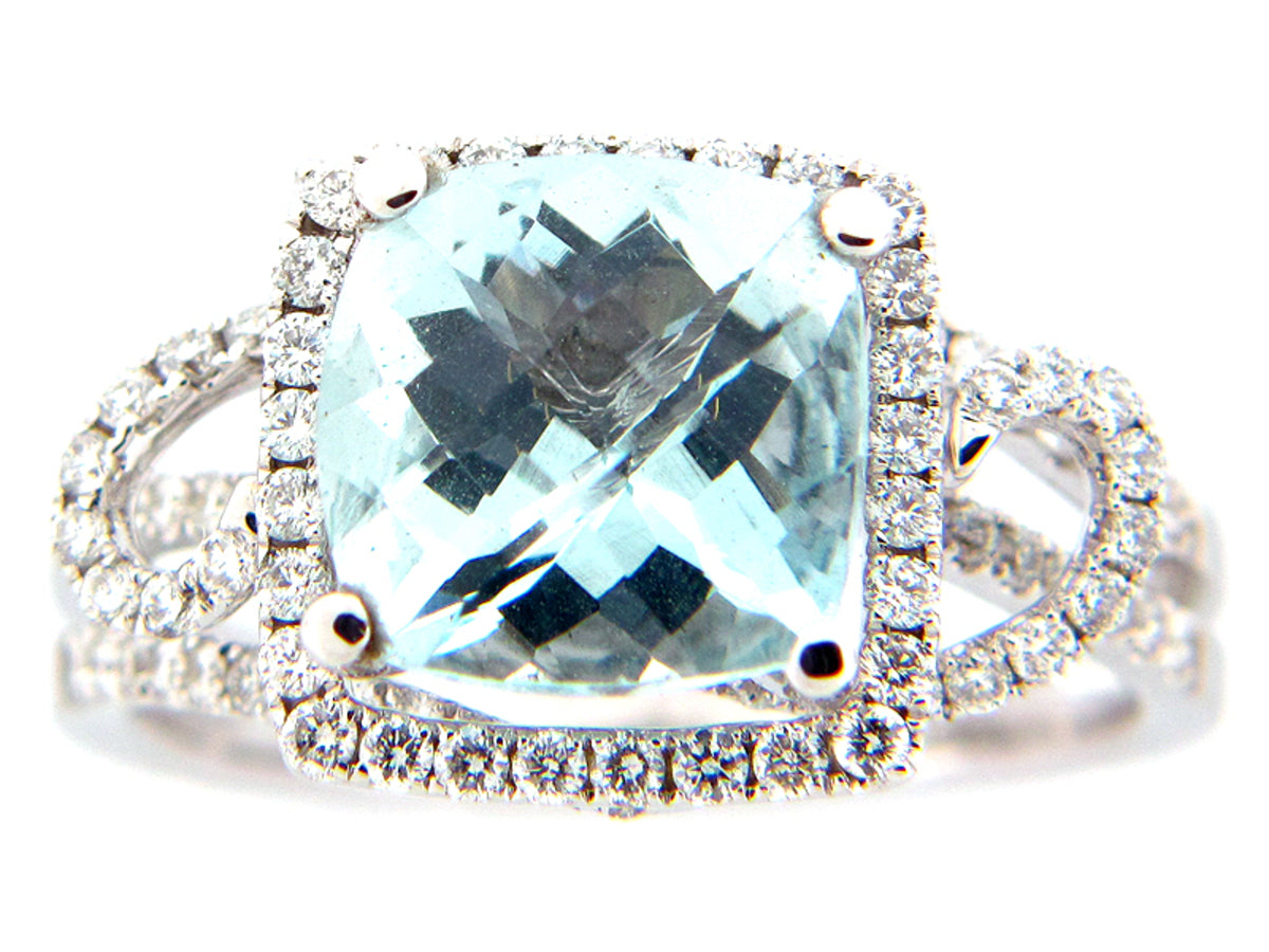 AQUAMARINE & DIAMOND RING, 18KW (E), C=2.48