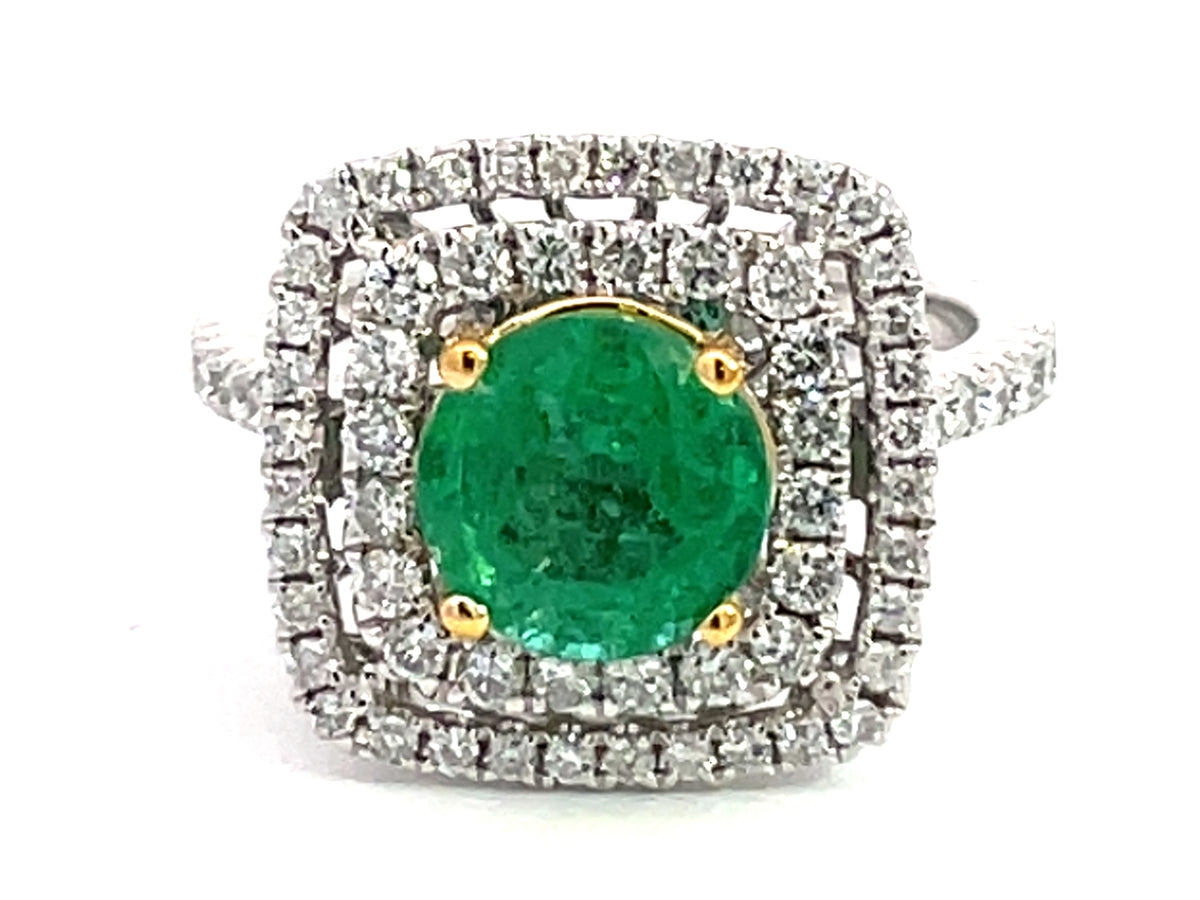Emerald Round Diamond Double Halo Ring