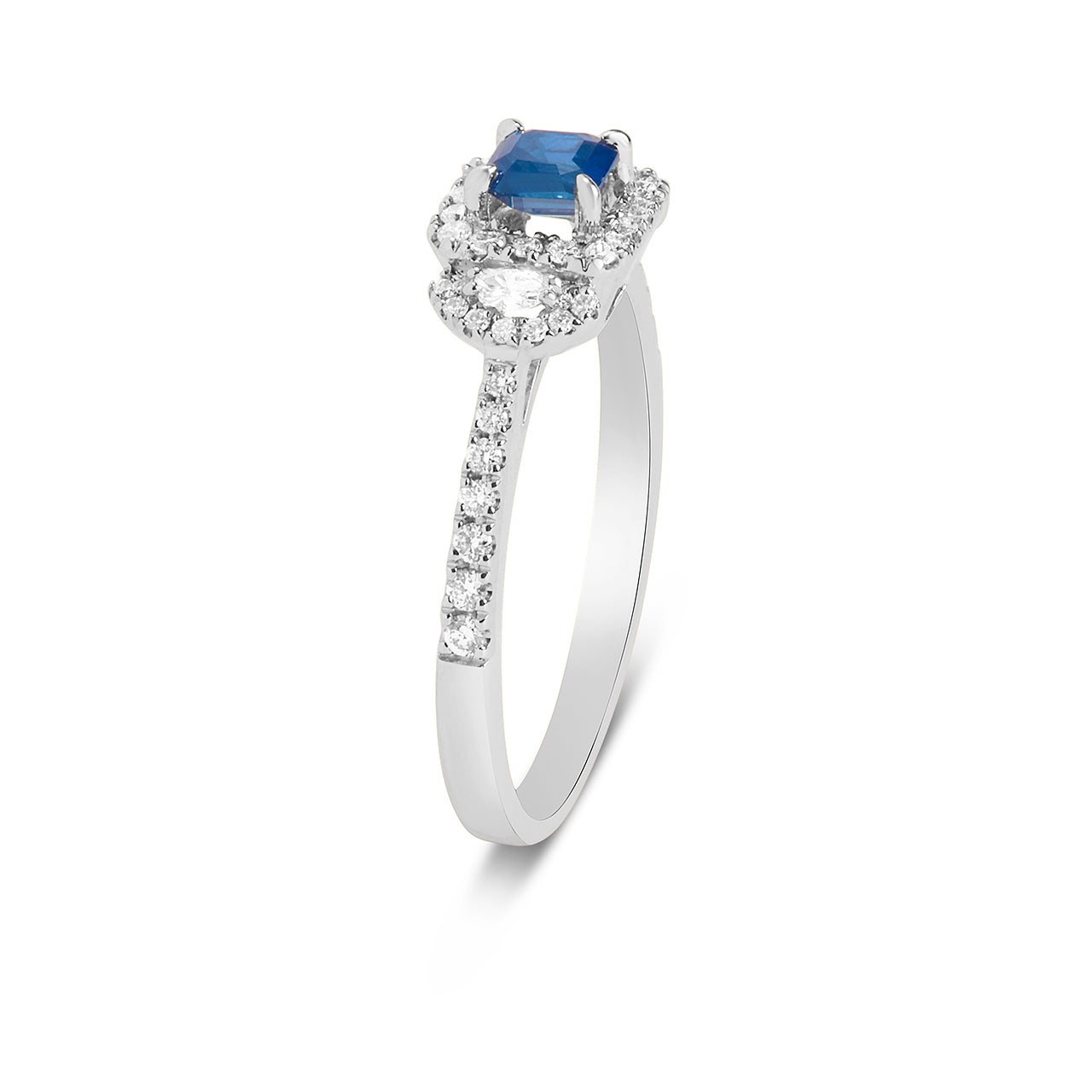 Emerald Cut Sapphire & Diamond 3 Stone Ring