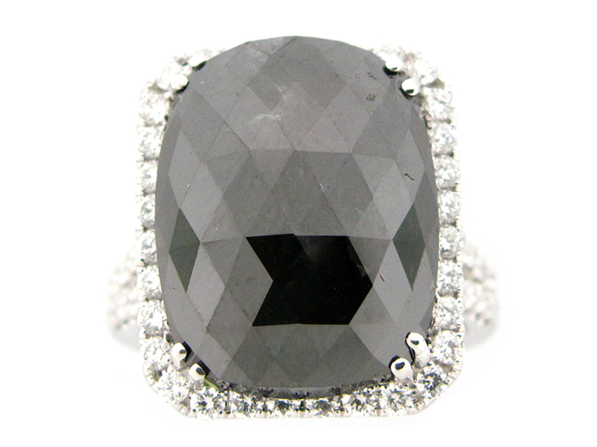 ROSE ROUGH CUT BLACK & WHITE DIAMOND RING, 18KW (N)