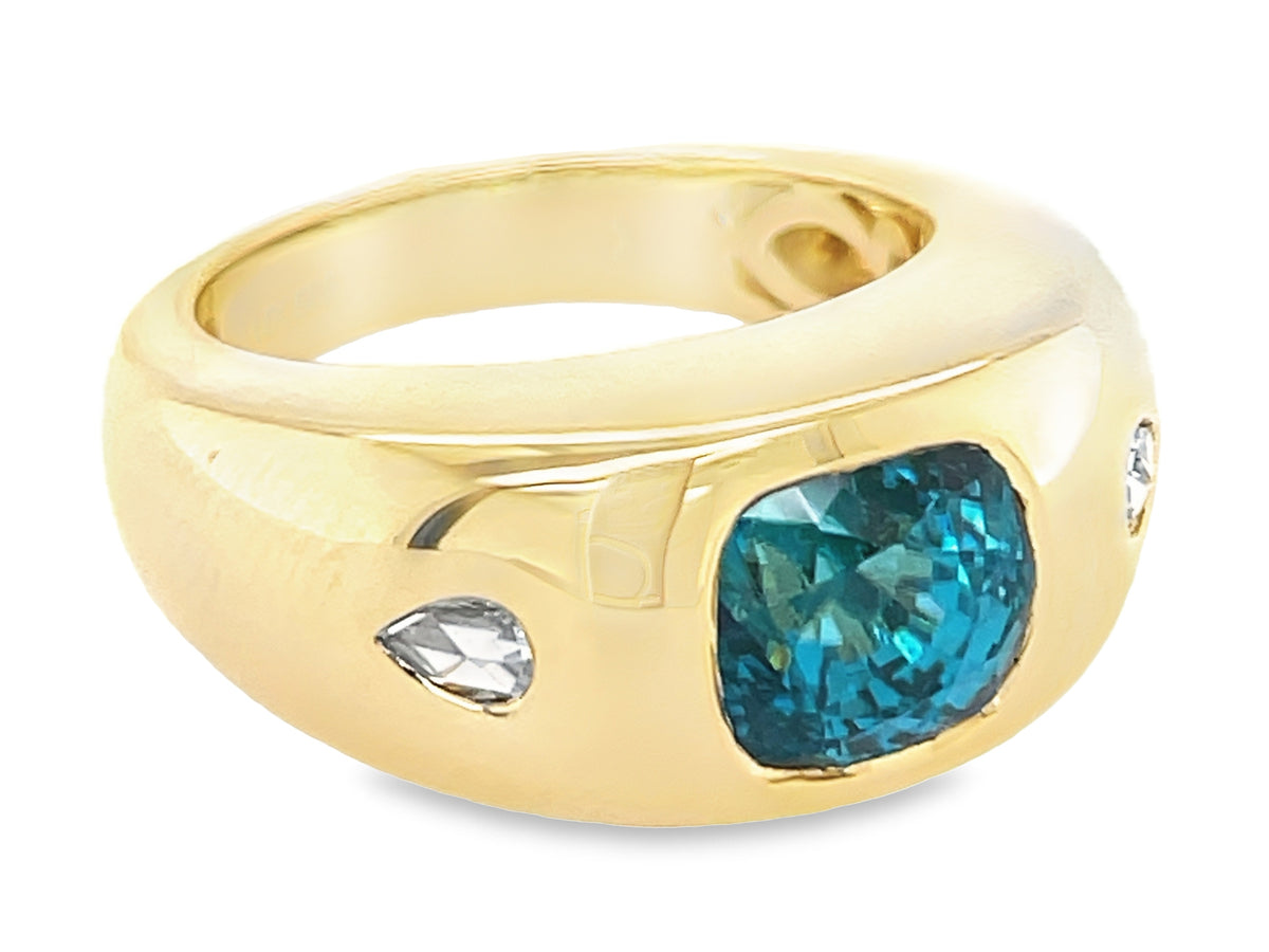 BLUE ZIRCON CUSHION & DIAMOND PEAR RING