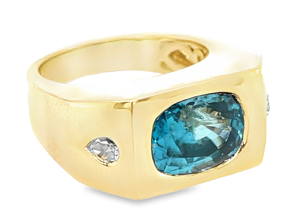 BLUE ZIRCON CUSHION & DIAMOND PEAR RING