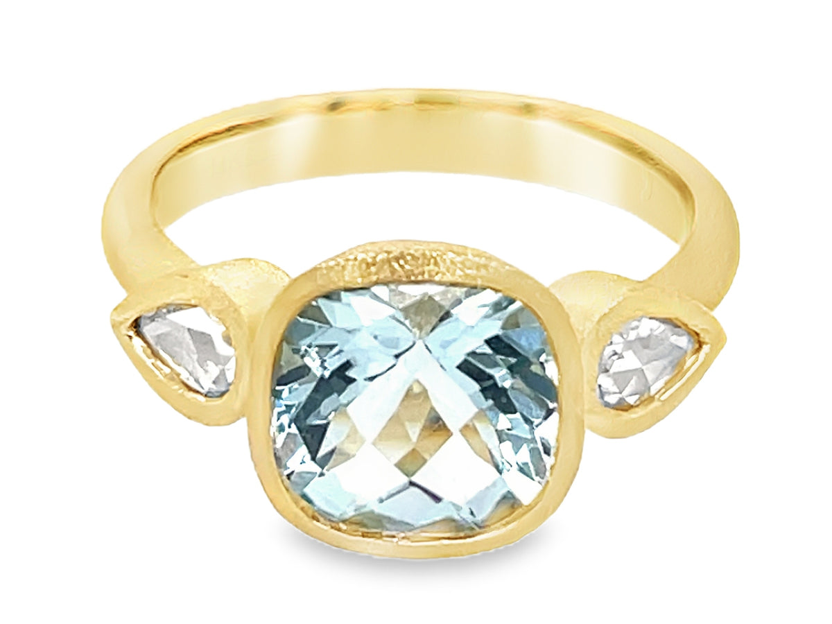 AQUAMARINE CUSHION & DIAMOND PEAR 3 STONE BEZEL RING