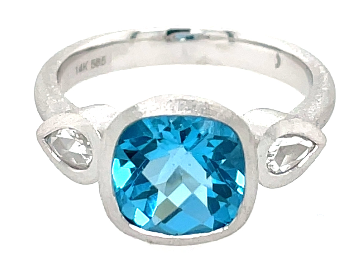 BLUE TOPAZ CUSHION & DIAMOND PEAR 3 STONE BEZEL RING, SATIN FINISH
