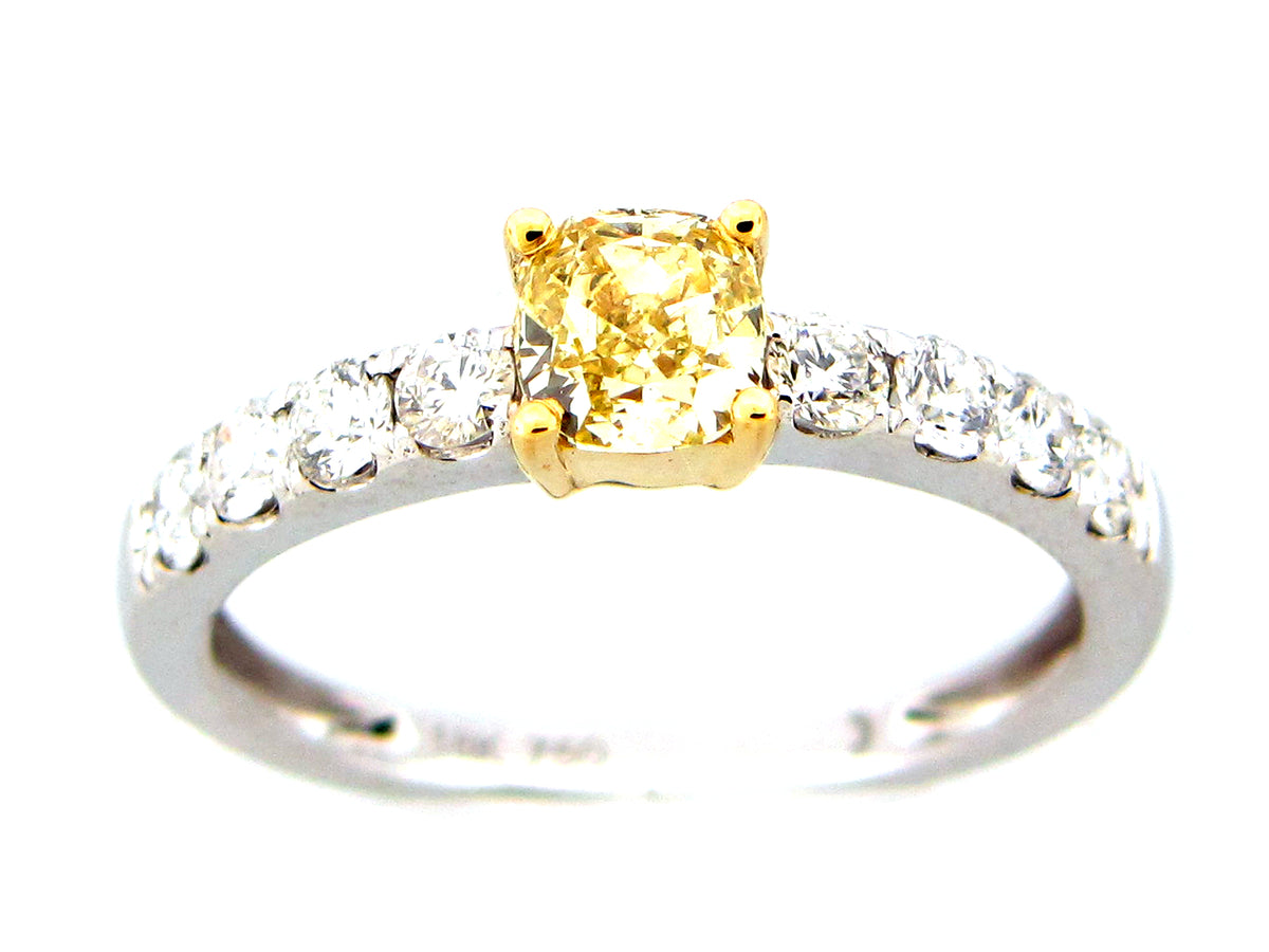 NATURAL FANCY YELLOW & WHITE DIAMOND RING, 18KWY (N)