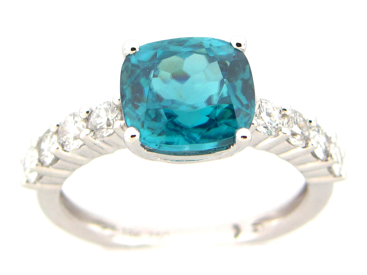 BLUE ZIRON & DIAMOND CUSHION RING, 18KW (H)