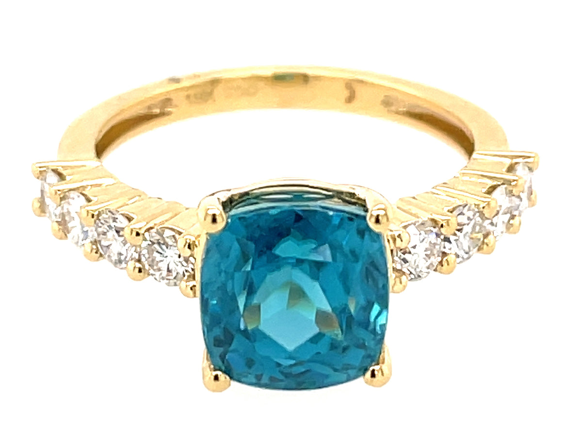BLUE ZIRON & DIAMOND CUSHION RING