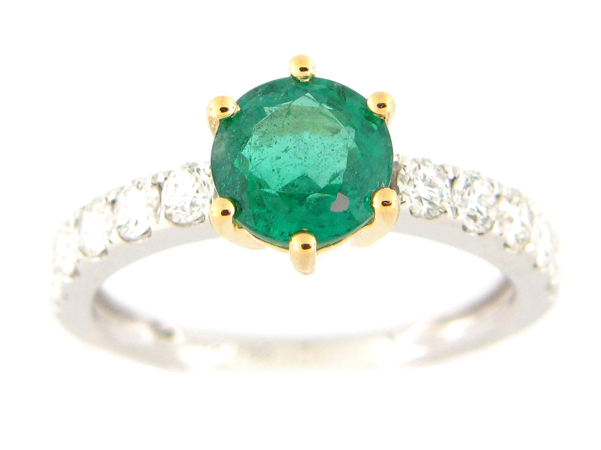 EMERALD ROUND & DIAMOND RING, 18KWY (O)