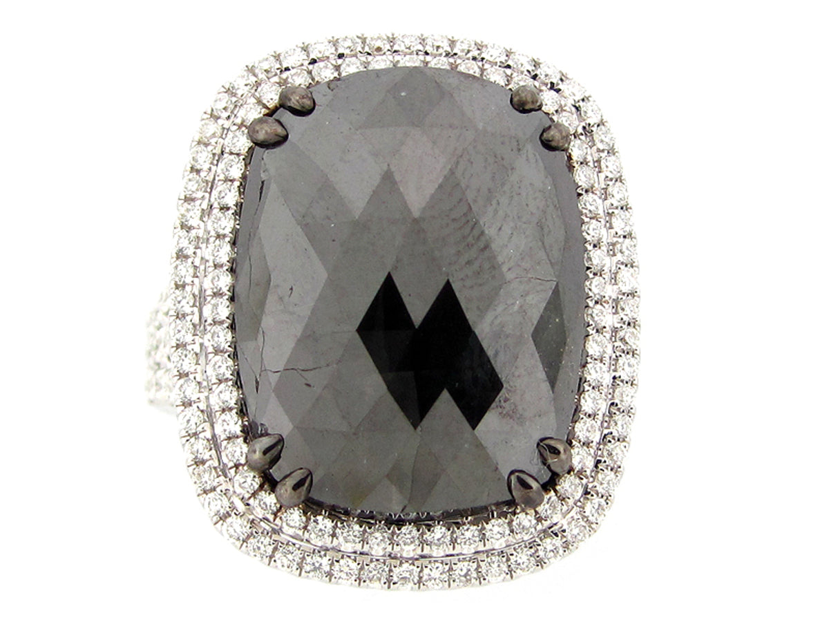 ROSE ROUGH CUT BLACK & WHITE DIAMOND RING, 18KW (R) CENTER=12.05